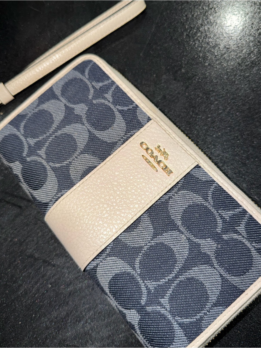 Coach Navy Signature Canvas Wristlet with Cream Trim